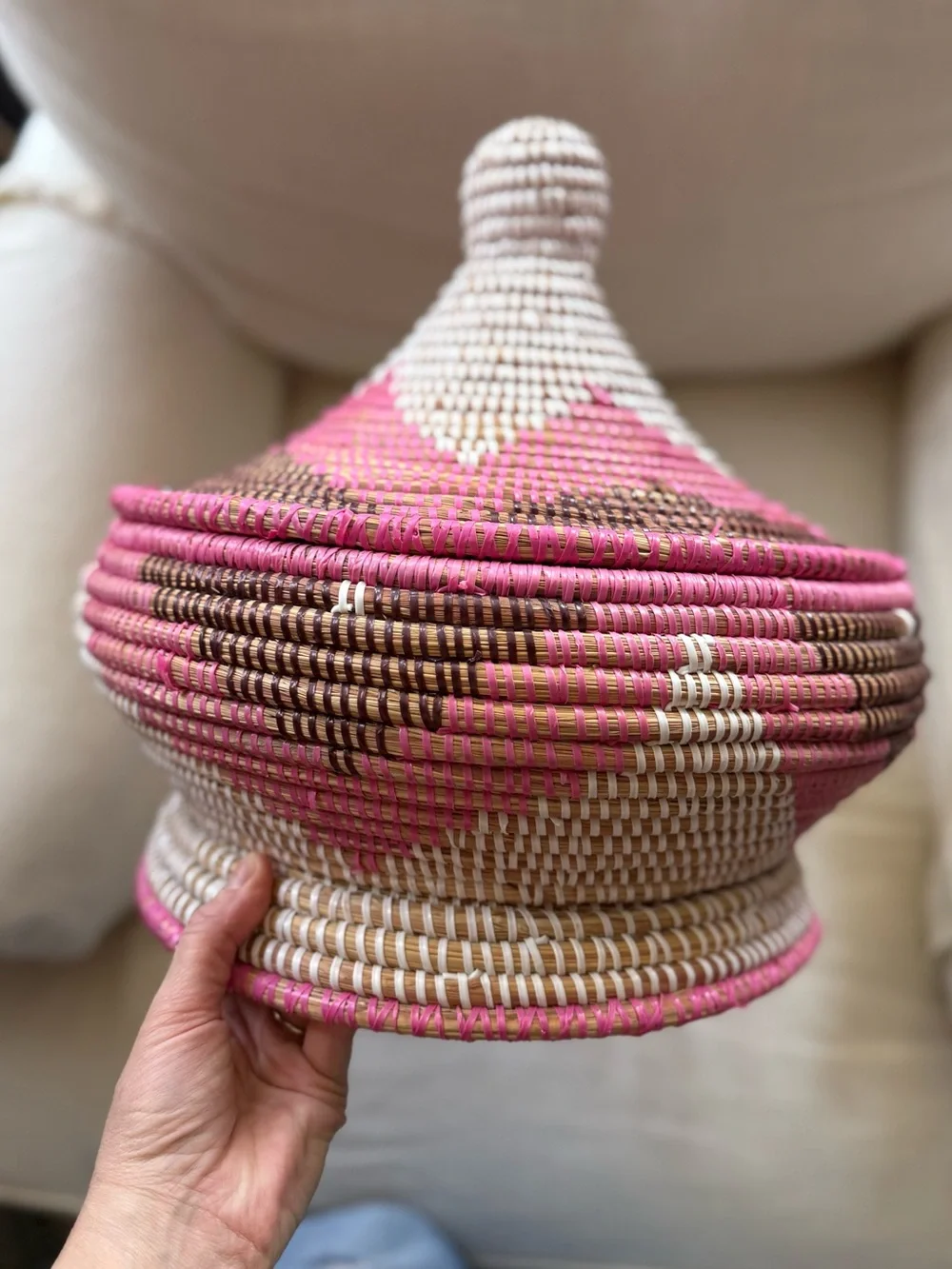 traditional African handwoven lidded basket pink brown and white EUC